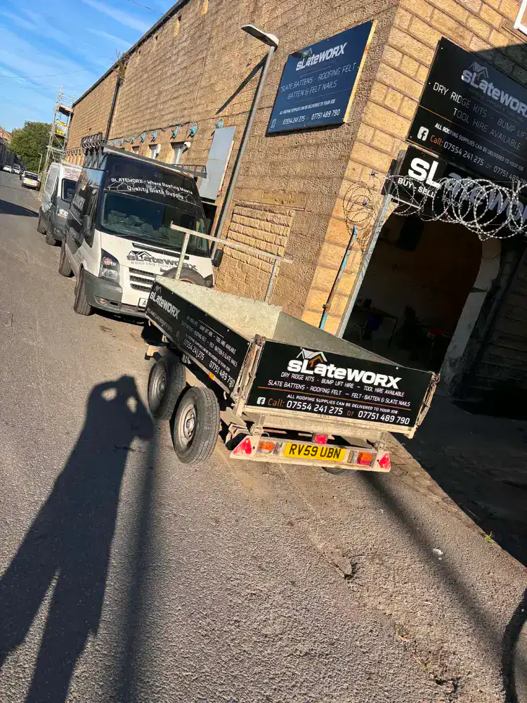 Slate Worx roofing supplies yard and vans in Colne